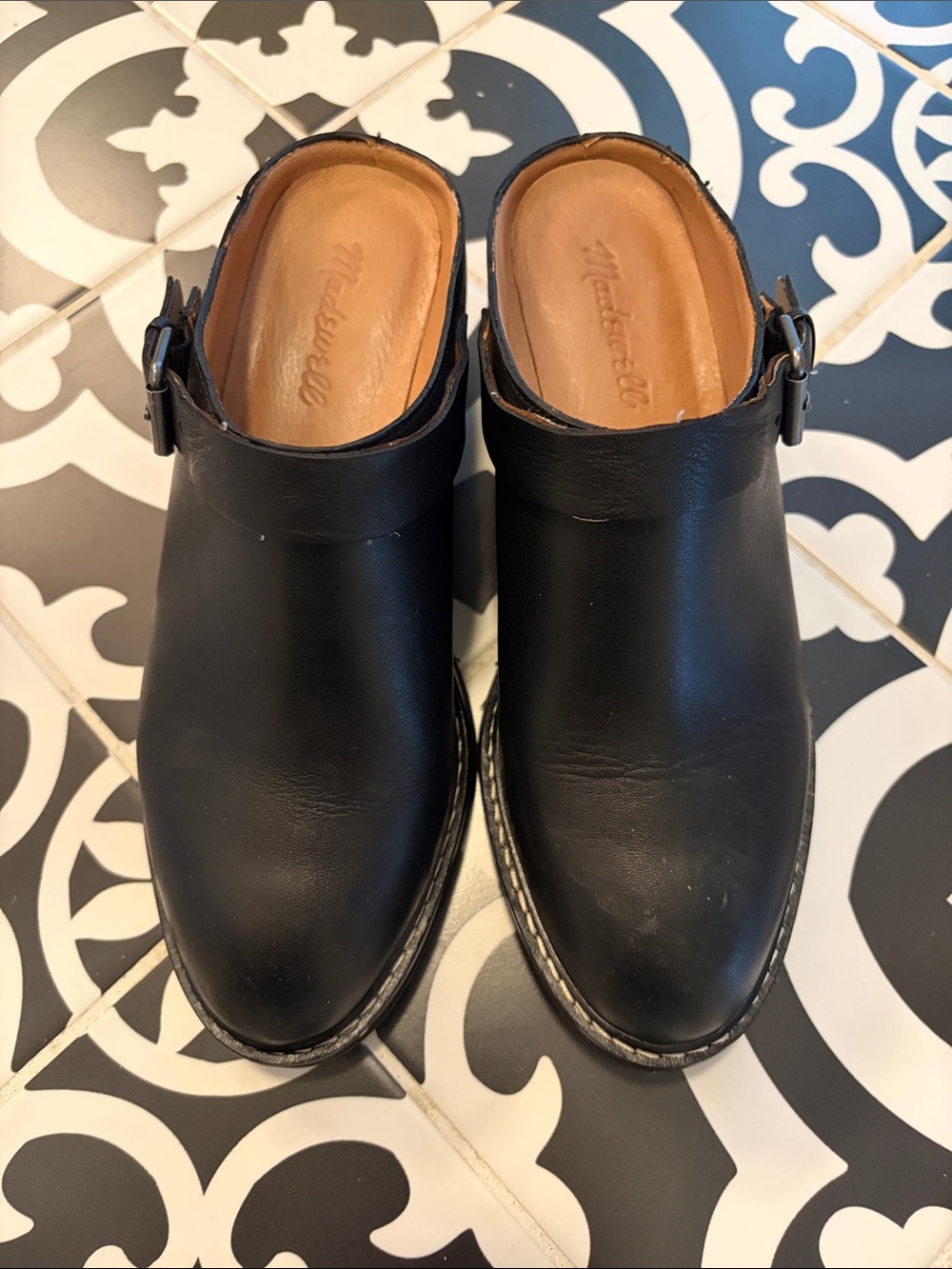 Madewell Black Leather Slip-On Clog Mules with Buckle